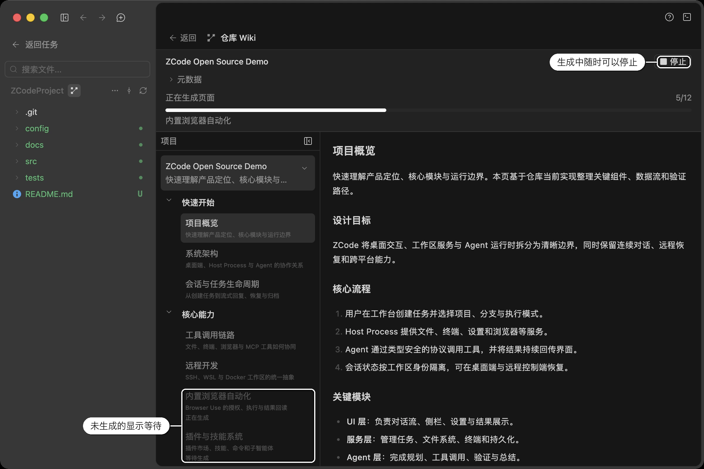 生成中的 Wiki：顶部进度显示 5/12，右上角可随时停止，目录里已完成的页面可点开，未轮到的显示「正在生成」与「等待生成」