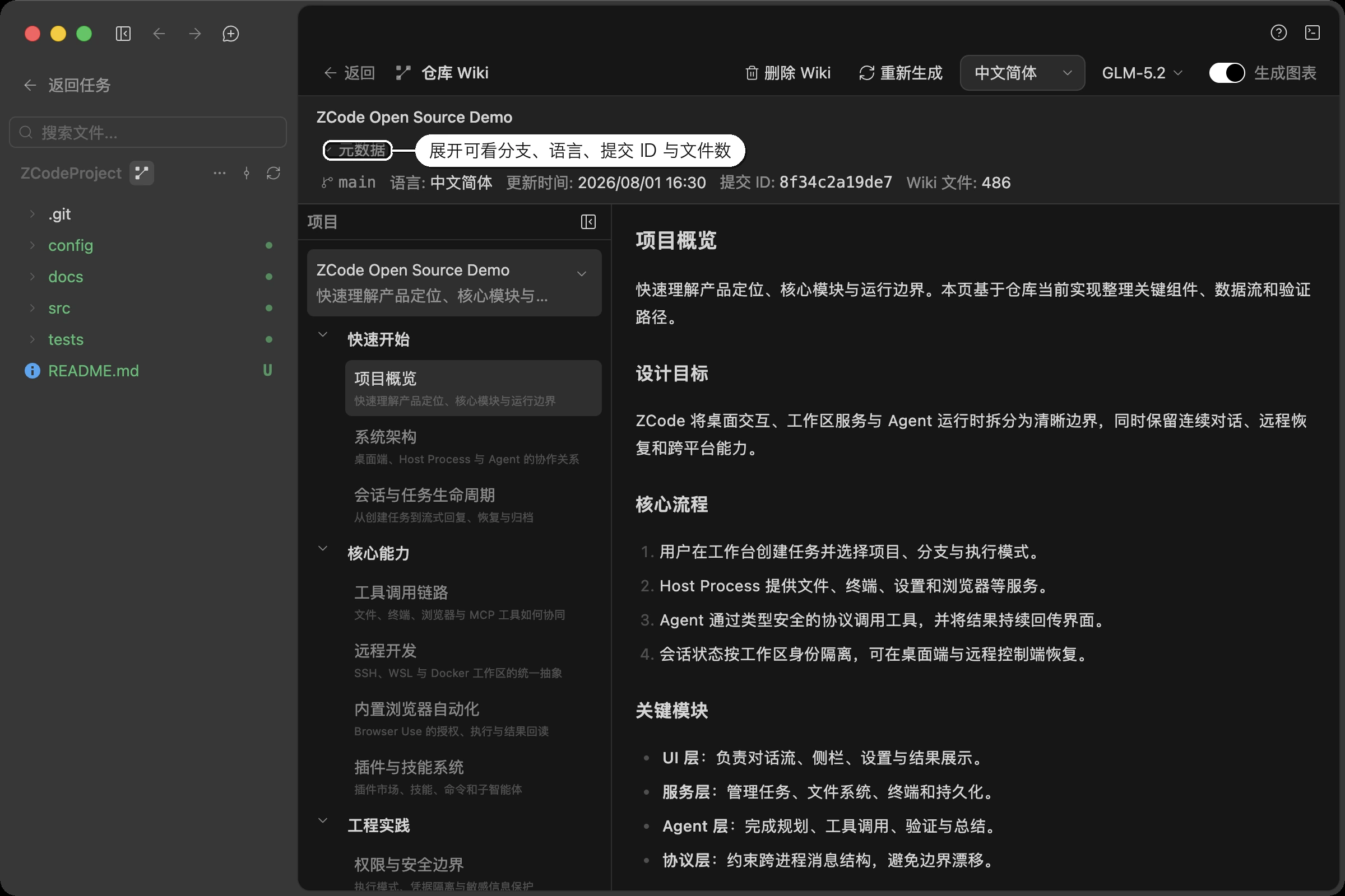 Wiki 阅读视图：左侧目录树、右侧正文，顶部元数据展开后显示分支、语言、更新时间、提交 ID 与 Wiki 文件数